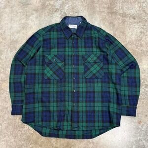Vintage 80s Sears Roebuck Green & Blue Plaid Wool Blend Flannel Size XL‎